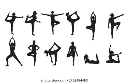 Siluetas negras de personas que realizan varias poses de yoga sobre fondo blanco