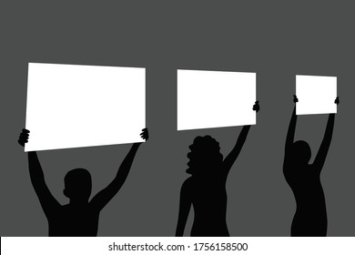 Black silhouettes of people with posters. Riot, protest, strike, disagreement, rally, indignation, demands, overthrow. Vector illustration