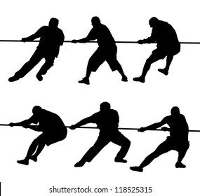 Black silhouettes of people pulling rope