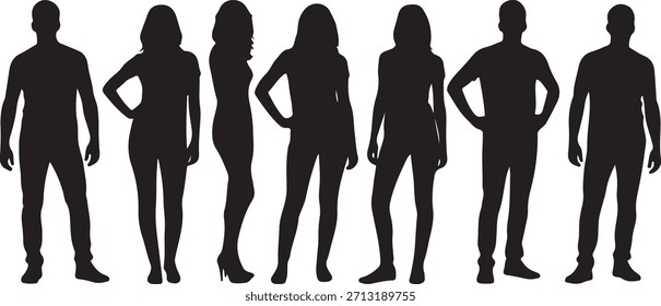 Schwarze Silhouetten von Menschen, die verschiedene Körpertypen in einer einfachen, auffälligen Anordnung zeigen.