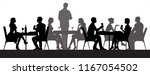 Black silhouettes of people sitting at restaurant tables eating and drinking vector illustration
