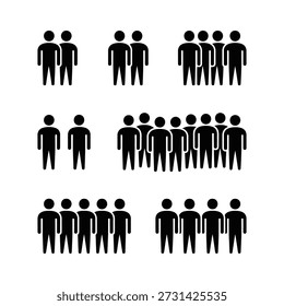 Black silhouettes of people standing in groups of various sizes on white background icon