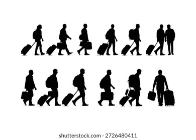 Siluetas negras de personas caminando en diferentes posiciones con maletas y bolsos sobre un fondo blanco