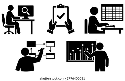 Black silhouettes of people working on computers and analyzing data