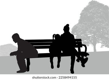 Black silhouettes of peopley sitting on a bench.	