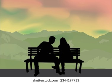 Black silhouettes of peopley sitting on a bench.	