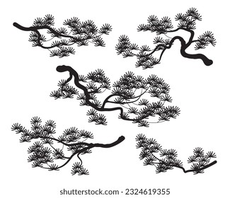 Black silhouettes of pine tree branches isolated on white. Set of monochrome coniferous plant parts, simple template. Vector flat illustration. 