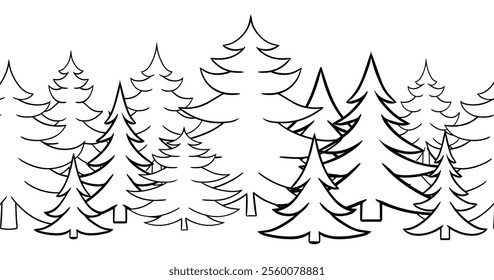 Black silhouettes of pine trees seamless border on white background. Set of park, forest, landscape elements. Graphic line stock vector.
