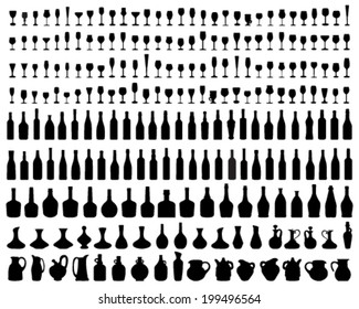 Black silhouettes of pitchers, glasses and bottles, vector