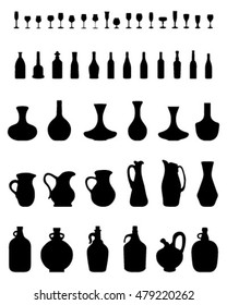 Black silhouettes of pitchers, glasses and bottles, vector