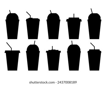 Black silhouettes of plastic or paper cups with straw icons set isolated on white background. Plastic cups for carbonated drinks. Fizzy soft drinks. Design for advertising product. Vector illustration