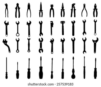 Black silhouettes of pliers. screwdrivers and screw wrench, vector illustration