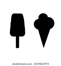 Siluetas negras - paleta en un palo y cucharadas de helado en un cono de gofre - Ilustración vectorial