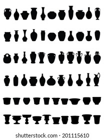 Black silhouettes of pottery and vases, vector