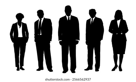 Black silhouettes of professional group dressed in formal business with varied postures, indicating a formal or corporate setting on white background, flat line vector and illustration.