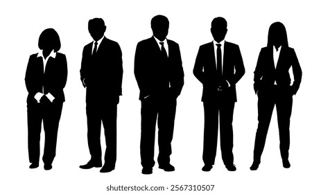 Black silhouettes of professional group dressed in formal business with varied postures, indicating a formal or corporate setting on white background, flat line vector and illustration.