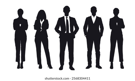 Black silhouettes of professional group dressed in formal business with varied postures, indicating a formal or corporate setting on white background, flat line vector and illustration.