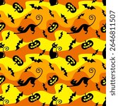 Black silhouettes of pumpkins, cats and bats on a bright yellow and orange background. Seamless Halloween pattern, print, vector illustration