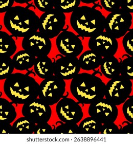 Black silhouettes of pumpkins on a bright red background. Seamless Halloween pattern, print, vector illustration