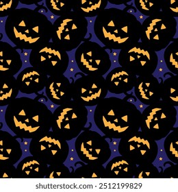 Black silhouettes of pumpkins on a dark blue night sky with stars. Seamless Halloween pattern, print, background, vector illustration