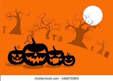 Black silhouettes of pumpkins with scary faces on background of clumsy scary trees, cemeteries, moon