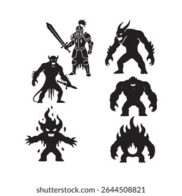 Black Silhouettes R P G Game Characters Knight Demons Fire Creatures vector icons set