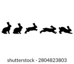 Black silhouettes of a rabbit transitioning from sitting to jumping and running, isolated on a white background for design projects.