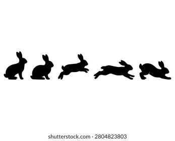 Black silhouettes of a rabbit transitioning from sitting to jumping and running, isolated on a white background for design projects.