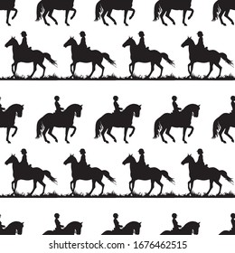 black silhouettes of racing sports horses and riders isolated on a white background, seamless background, pattern for decoration, equestrian sports 