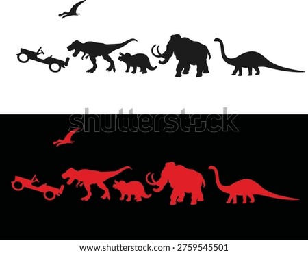 Black silhouettes and red glowing dinosaur and mammal icons on white and black backgrounds, including T-Rex, Triceratops, Elephant, and Brontosaurus.