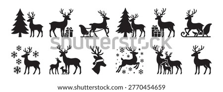Black silhouettes of reindeer and christmas elements on white background. concept of holiday, winter, festive decor, silhouette art, seasonal design, icon, decoration element.