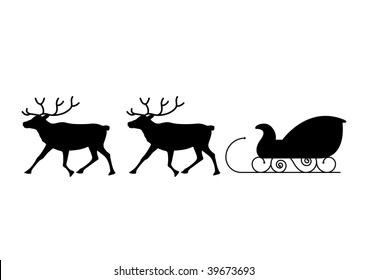 Black silhouettes of reindeer and sled.