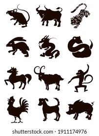 Black silhouettes representing the twelve animals of Chinese Zodiac: ox, tiger, rabbit, dragon, snake, horse, goat, monkey, rooster, dog and pig.