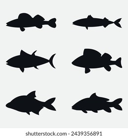 Black silhouettes of river fish. Vector on a gray background