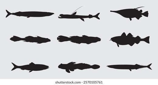 Black silhouettes of river fish. Vector on a gray background