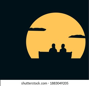 Black silhouettes of romantic night couple sit in park looking at moon under stars in night sky with text place.