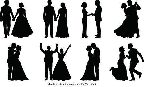 Black Silhouettes of Romantic Wedding Couples in Various Poses