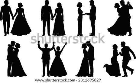 Black Silhouettes of Romantic Wedding Couples in Various Poses