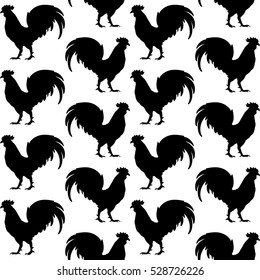 Black silhouettes of rooster on white background seamless pattern. Bird seamless pattern.