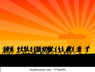 Black silhouettes of runners on the sunset