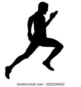 Black Silhouettes Runners sprint men on white background.