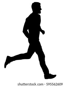 Black Silhouettes Runners sprint men on white background.