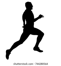 Black Silhouettes Runners sprint men on white background.