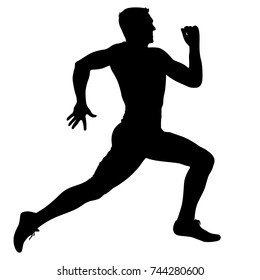 Black Silhouettes Runners sprint men on white background.
