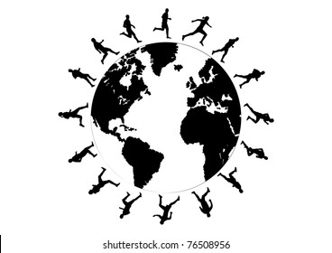 black silhouettes of running around the world