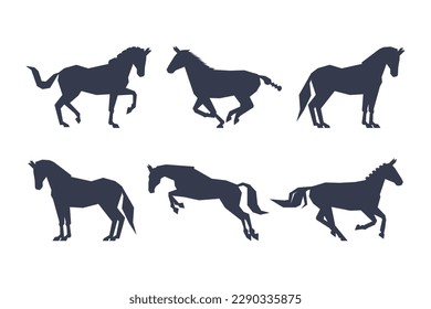 Black Silhouettes of Running Horses for Equestrian Sport Vector Set