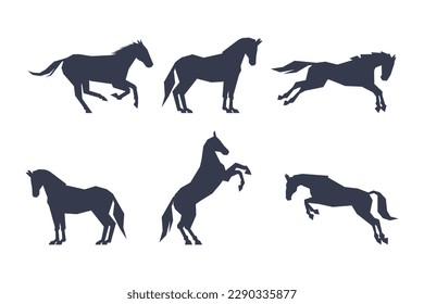 Black Silhouettes of Running Horses for Equestrian Sport Vector Set