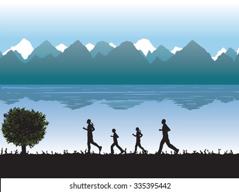 Black silhouettes of running people (family) against the background of mountains and lake. Illustration, elements for design.