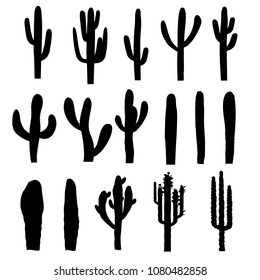 Black Silhouettes Of Saguaro Cactus. Vector