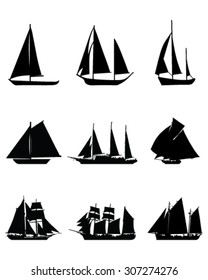 Black silhouettes of sailing boats, vector